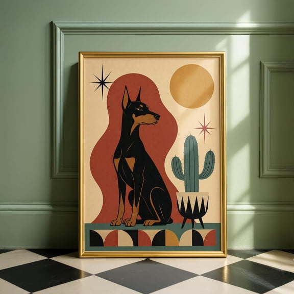 Mid Century Dobermann Cactus Retro Dog Atomic Style Poster Unframed Paper Print