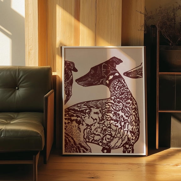 Mid Century Dog Maroon Modern Wall Art, Unframed Paper Print Size 16x24