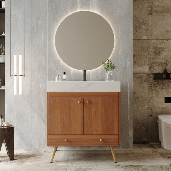 Mid-Century Door Vanity | 30" Red Engineered Wood | Bathroom