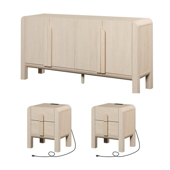 Wampat Mid Century Modern 3-Piece Bedroom Set 3-Drawer Dresser 2 Nightstands Wood Beige