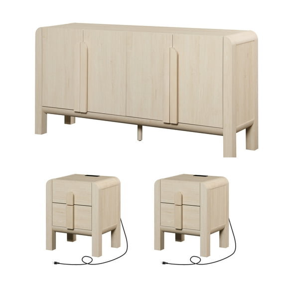 Mid Century Dresser and Nightstand Sets for Bedroom, 3 Pcs Bedroom Set,Night Stand Set of 2, Modern Dresser with Curved Profile Design, Wooden Chest of Drawers Storage Cabinet Set