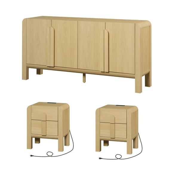 Mid Century Dresser and Nightstand Sets for Bedroom, 3 Pcs Bedroom Set，Night Stand Set of 2, Modern Dresser with Curved Profile Design, Wooden Chest of Drawers Storage Cabinet Set