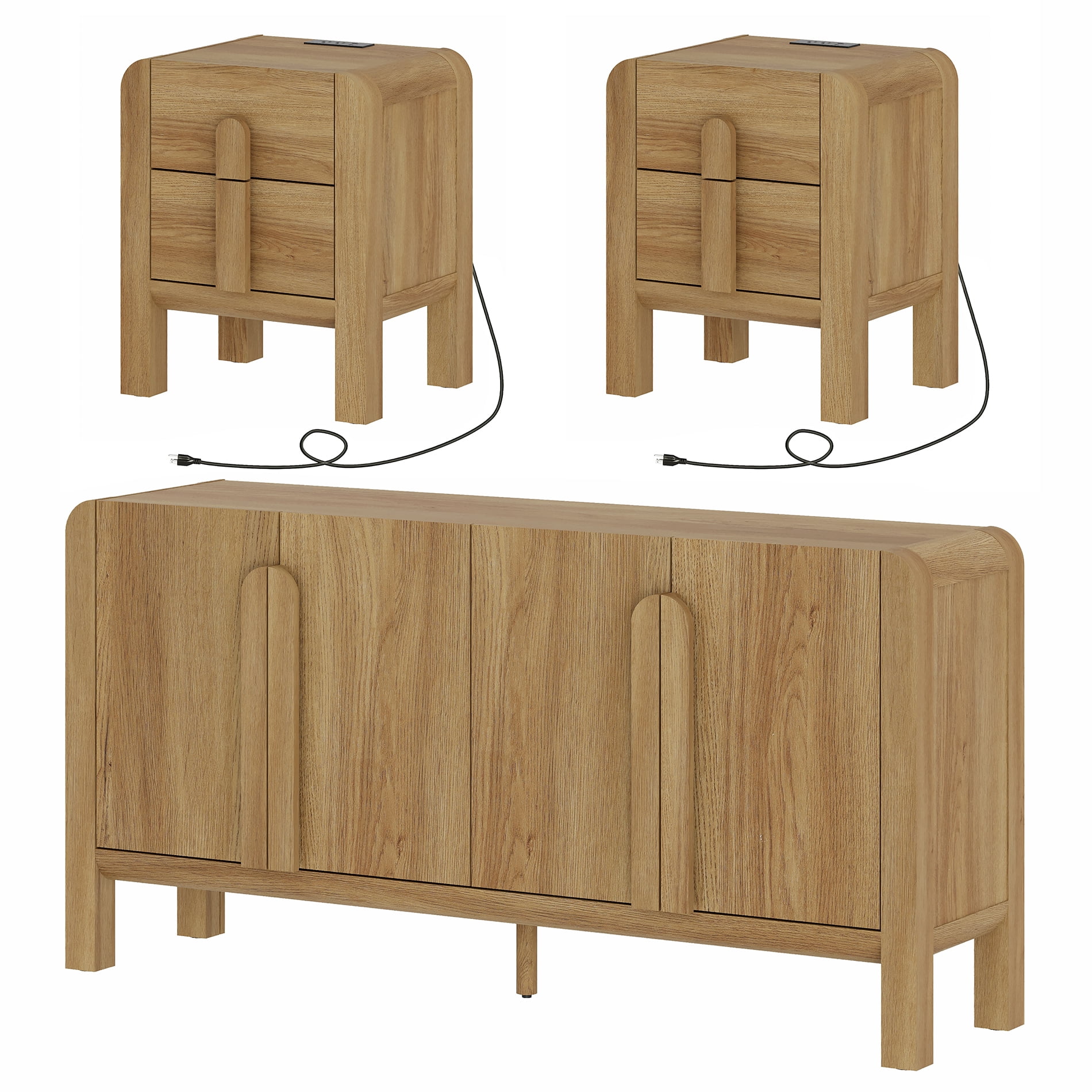 Mid Century Dresser and Nightstand Sets for Bedroom, 3 Pcs Bedroom Set，Night Stand Set of 2, Modern Dresser with Curved Profile Design, Wooden Chest of Drawers Storage Cabinet Set