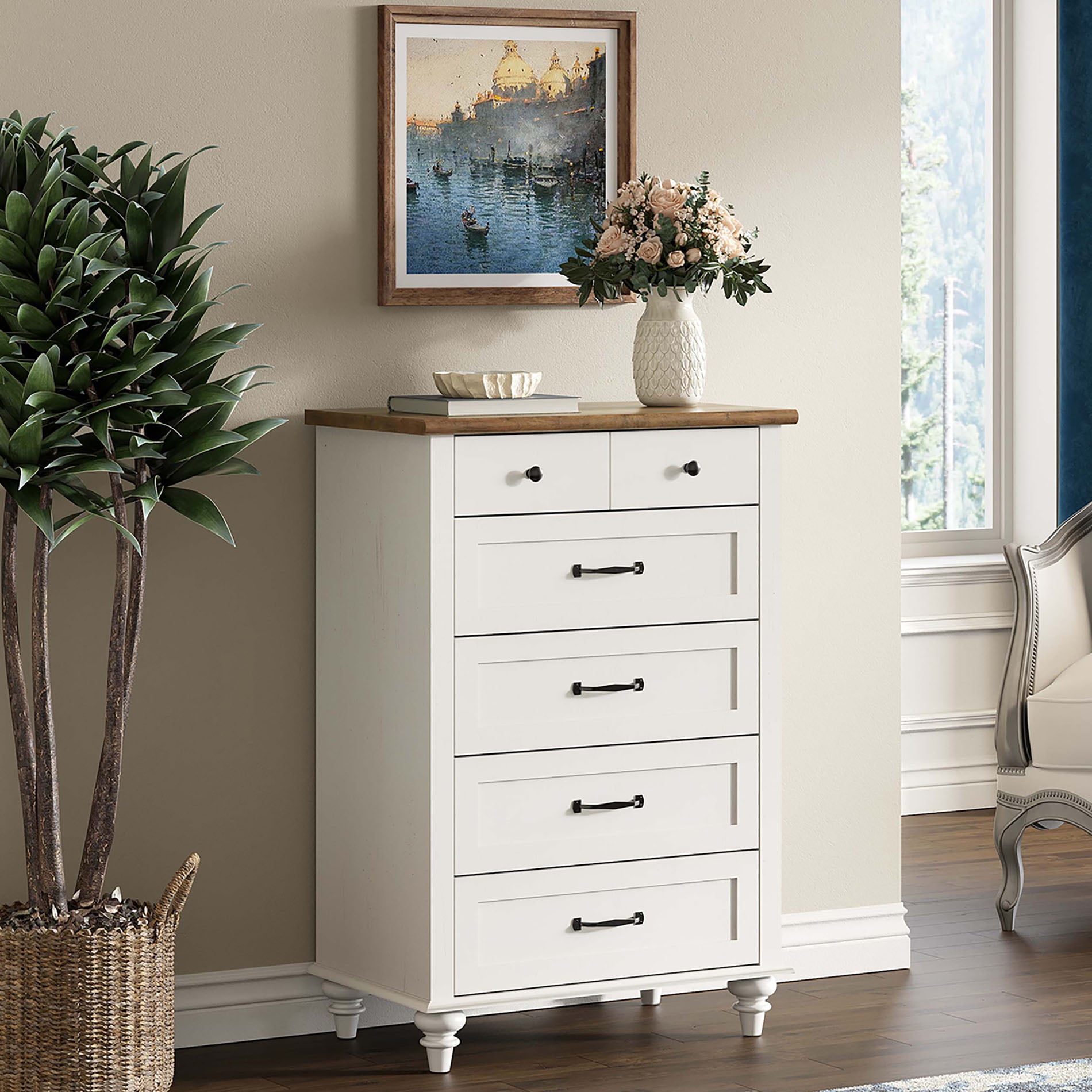 Mid Century Dresser with 5 Drawers, Tall Kids Dresser TV Stand for Living Room Kids Room, White