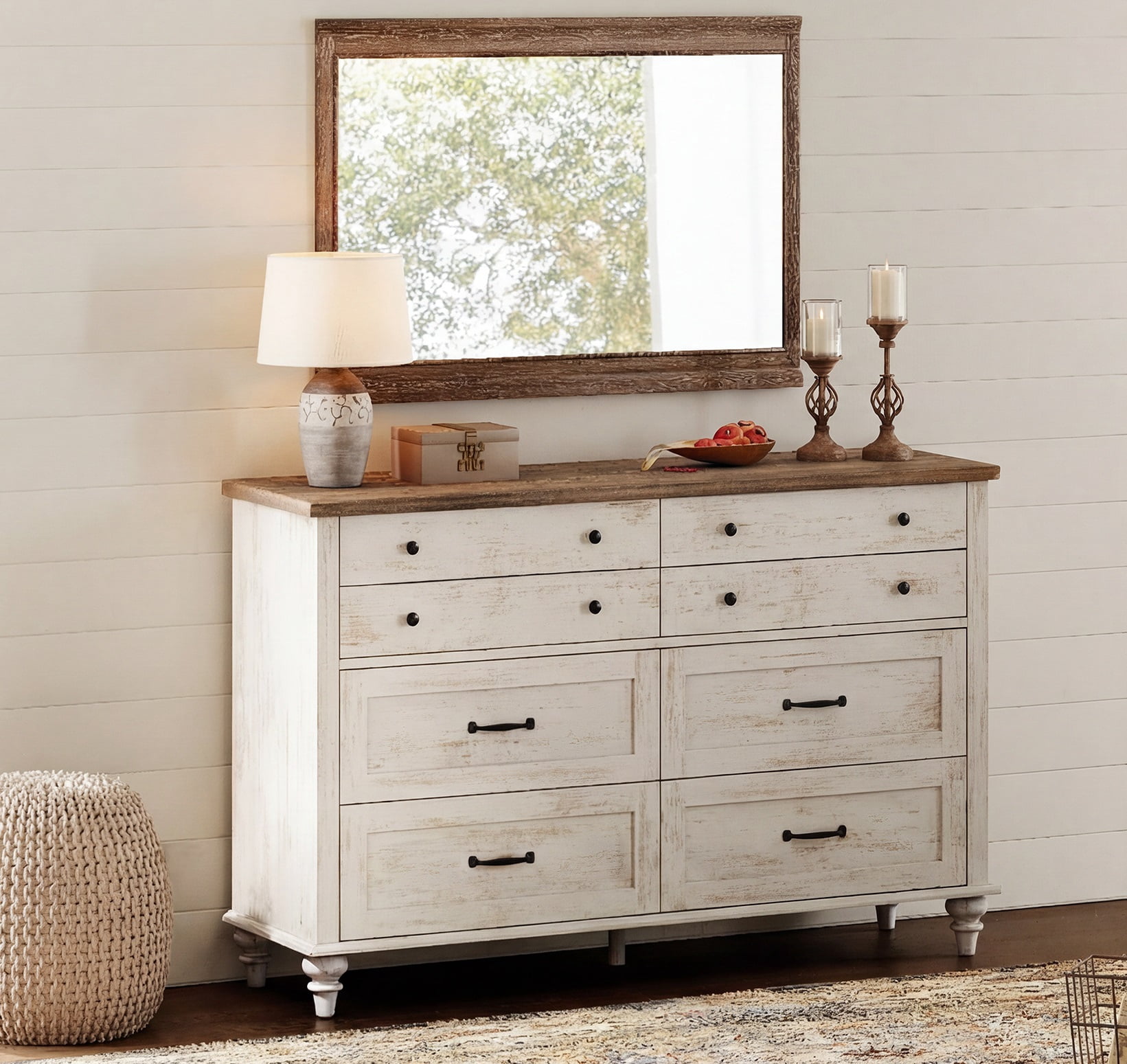 Mid Century Dresser with 8 Drawers, Wooden Kids Dresser for Kids Room Living Room, Antique White