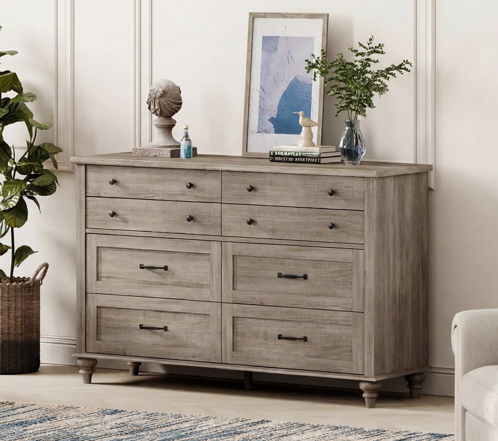 Mid Century Dresser with 8 Drawers, Wooden Kids Dresser for Kids Room Living Room, Grey