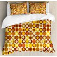 thumbnail image 1 of Mid Century Duvet Cover Set King Size, Kitsch and Retro Styled Round Edged Square Pattern in Old Earth Tones, Decorative 3 Piece Bedding Set with 2 Pillow Shams, Brown Yellow Coral, by Ambesonne, 1 of 3