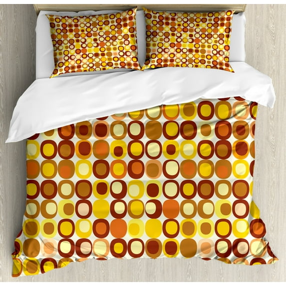 Mid Century Duvet Cover Set King Size, Kitsch and Retro Styled Round Edged Square Pattern in Old Earth Tones, Decorative 3 Piece Bedding Set with 2 Pillow Shams, Brown Yellow Coral, by Ambesonne