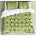 thumbnail image 1 of Mid Century Duvet Cover Set Queen Size, Atomic Form with Boomerang Details Dots and Crossed Lines, Decorative 3 Piece Bedding Set with 2 Pillow Shams, Apple Green Plum Bondi Blue, by Ambesonne, 1 of 3