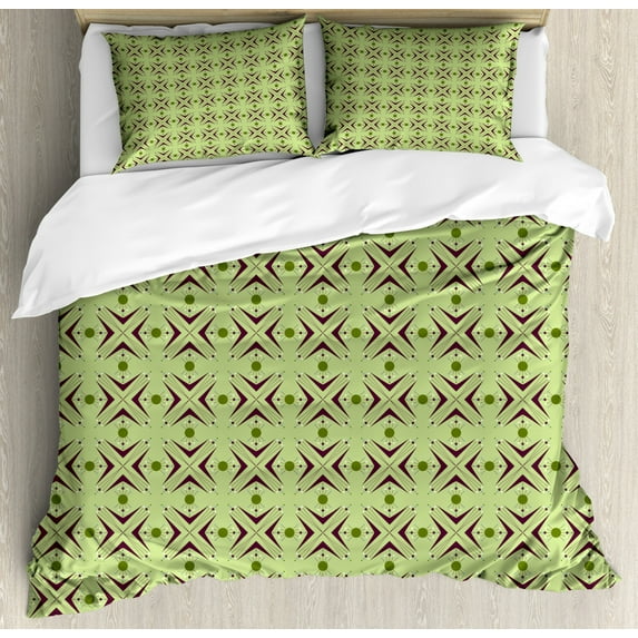 Mid Century Duvet Cover Set Queen Size, Atomic Form with Boomerang Details Dots and Crossed Lines, Decorative 3 Piece Bedding Set with 2 Pillow Shams, Apple Green Plum Bondi Blue, by Ambesonne