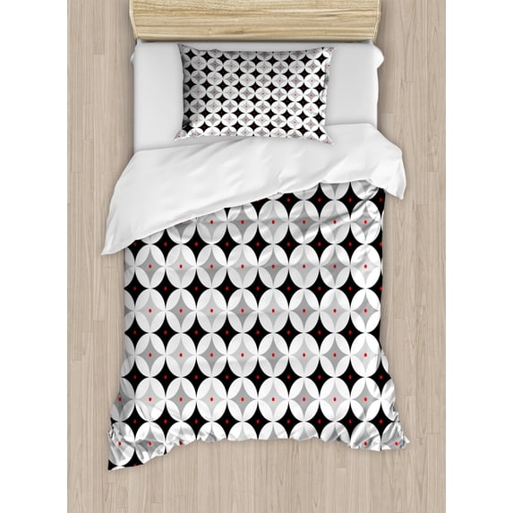 Mid Century Duvet Cover Set Twin Size, Retro Styled Atomic Composition with Vintage Diamond Line Pattern, Decorative 2 Piece Bedding Set with 1 Pillow Sham, Pale Grey Black Red, by Ambesonne