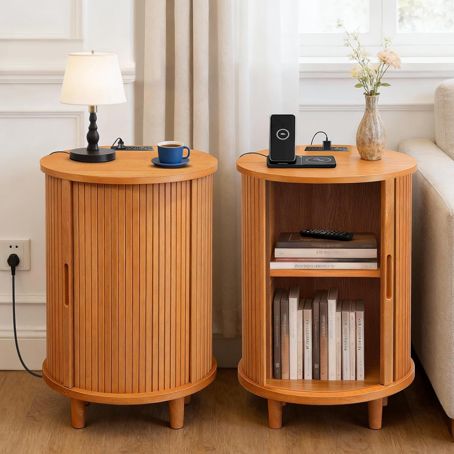 Mid-Century End Table Set of 2 with Charging Station & Storage, Sliding Door and Adjustable Shelf, Nightstand for Small Spaces, Living Room, Bedroom, Yellow Walnut