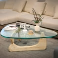 thumbnail image 1 of Mid Century End Table Triangle Tempered Glass Coffee Table Solid Wooden Base for Living Room Patio,Nature Wood Color, 1 of 10