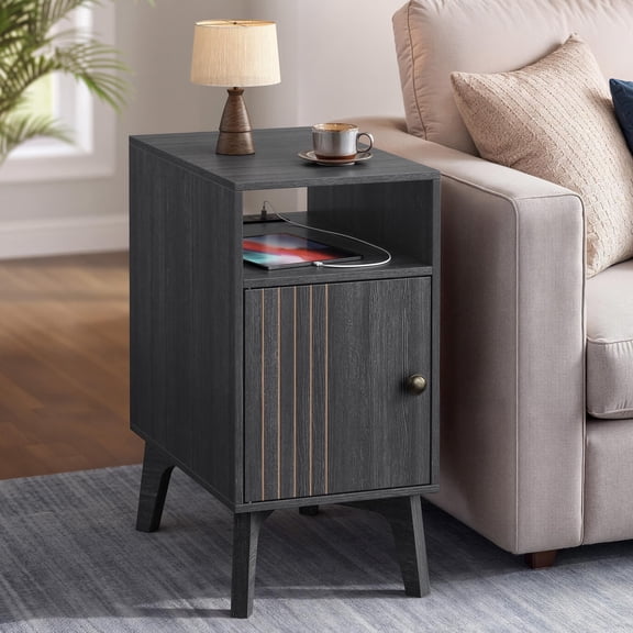 Mid-Century End Table With Charging Station, Charcoal Gray, 18.9H