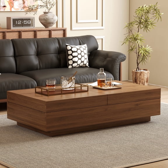 Mid-Century Expandable Coffee Table with Storage  47.2"-81.9" Adjustable Center Table for Living Room, Walnut Wood Finish