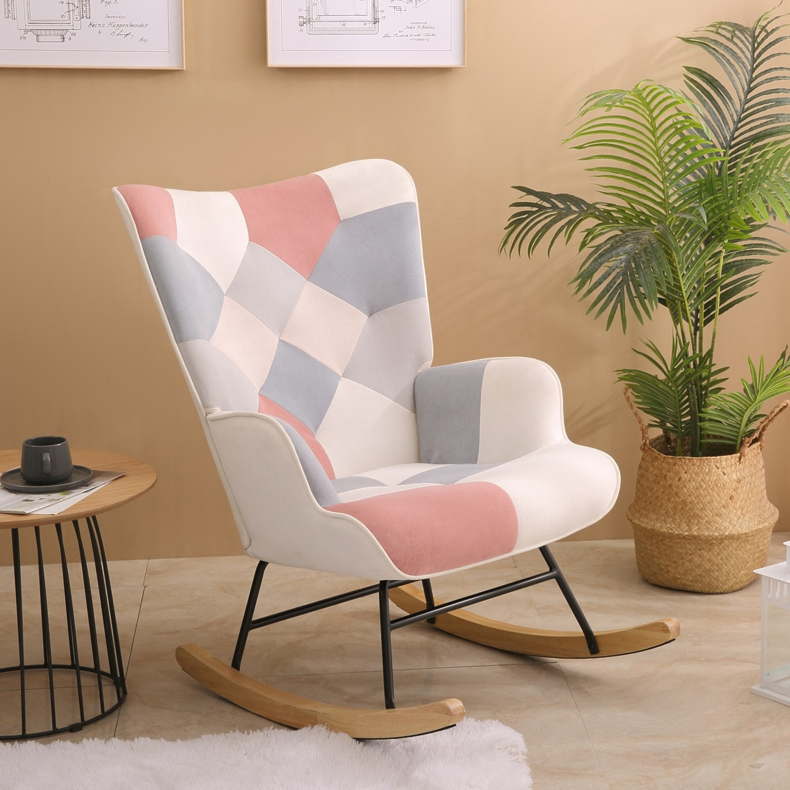 Mid Century Fabric Rocker Chair with Wood Legs and Patchwork Linen Pink ...