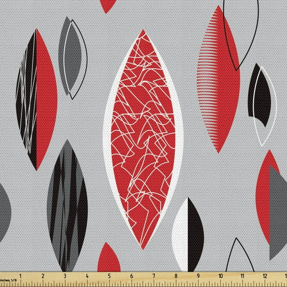 Ambesonne Mid Century Fabric by the Yard Upholstery, Abstract Oval Leaf, 3 Yards, Red Black Pale Grey