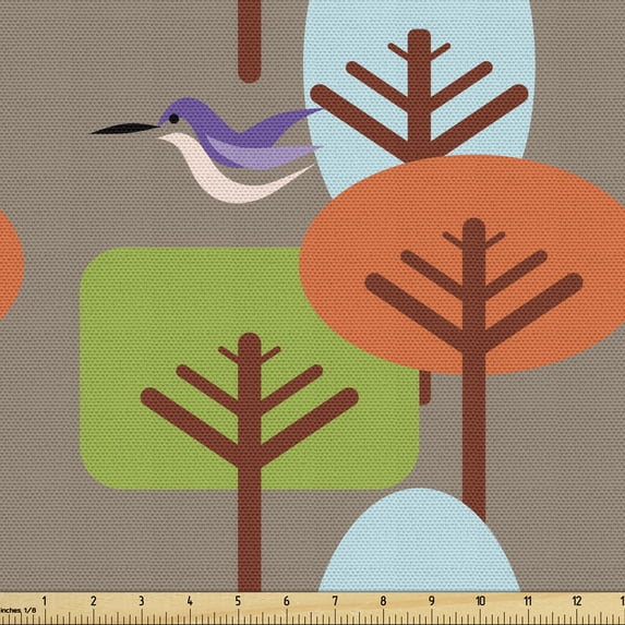 Mid Century Fabric by the Yard, Flying Hummingbird and Colorful Trees Simple Nature Modernist Art Approach, Decorative Upholstery Fabric for Chairs & Home Accents, 1 Yard, Multicolor by Ambesonne
