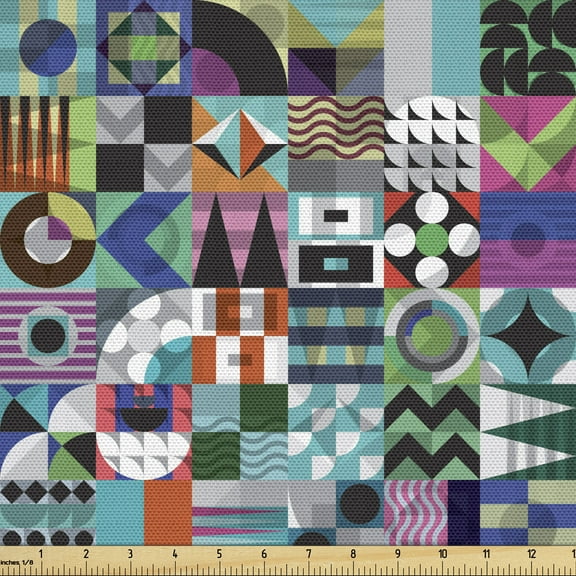 Mid Century Fabric by the Yard, Mix of Various Different Geometric Shapes in Squares Funky Sixties Revival, Upholstery Fabric for Dining Chairs Home Decor Accents, 2 Yards, Multicolor by Ambesonne
