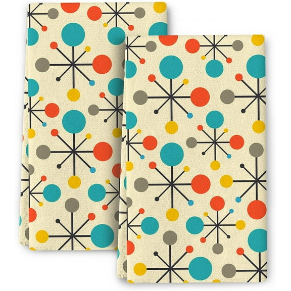 Mid Century Fifties Modern Atomic Retro Colors Kitchen Dish Towel Set of 2 Soft Absorbent Decorative Hand Towels Yellow Tea Towels Farmhouse Bathroom Holiday Home Decor 16"x24"