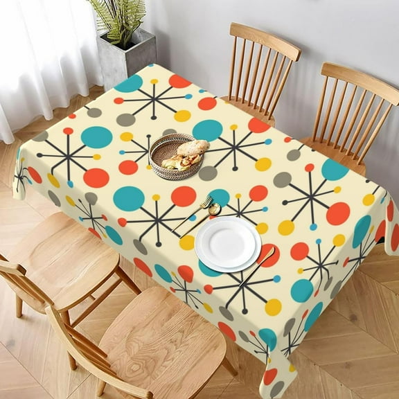 Mid Century Fifties Modern Atomic Retro Colors Tablecloth Washable Waterproof Yellow Table Cover for Kitchen Dining Room Picnic Party BBQ Wedding, Rectangle 60x84 Inch Table Cloth