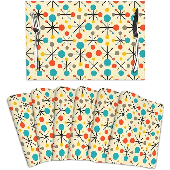 Mid Century Fifties Modern Atomic Retro Table Mats Set of 6 Linen Heat Resistant Washable Placemats for Party Farmhouse Home Kitchen Yellow Decorative 12x18 Inch