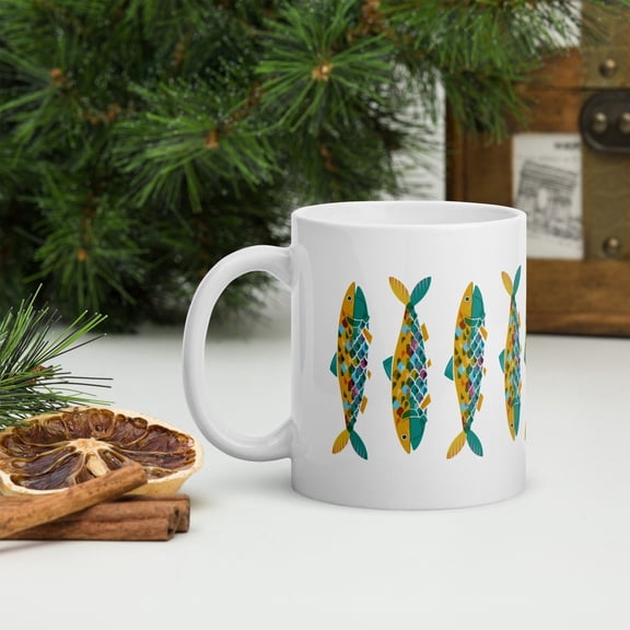 Mid Century Fish Pattern Coffee Mug, Colorful Retro Marine Life Design Cup, Vintage Style Fishing Theme Drinkware for Home Kitchen, Ceramic Mug 11oz