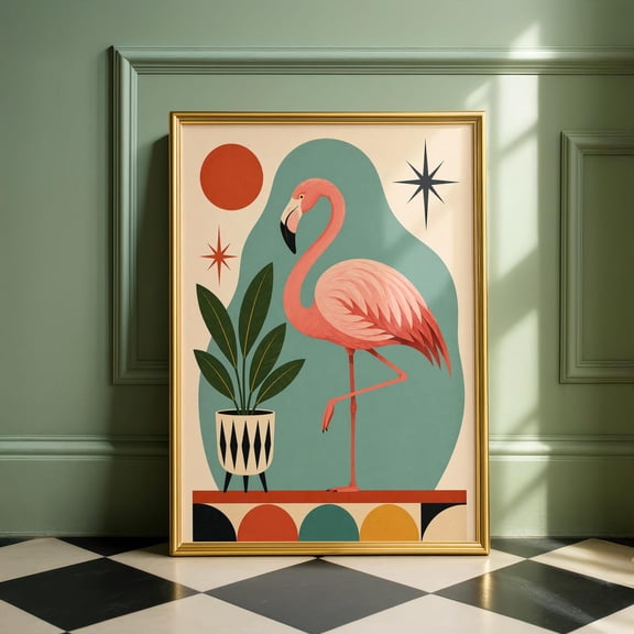 Mid Century Flamingo Retro Bird Atomic Style Poster Unframed Paper Print