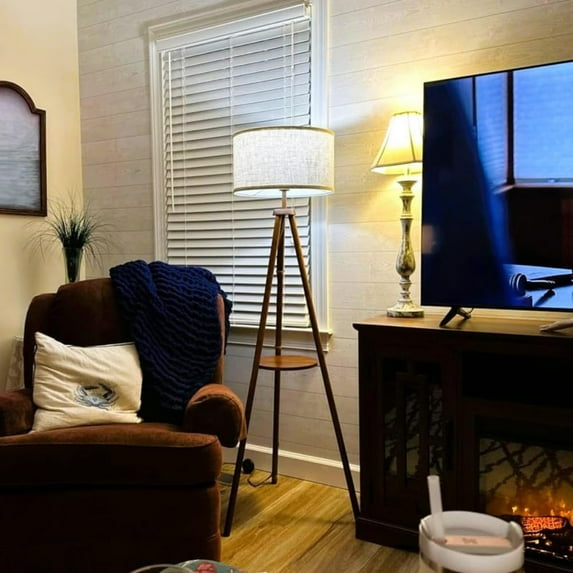 Mid Century Floor Lamp, Floor Lamp with Shelves, Wood Tripod Floor Lamp, Wooden Corner Lamp, Standing Lamp, 10 "W x 65 "H x 10 "D, Lamp for Living Room Bedroom Office Home Decor