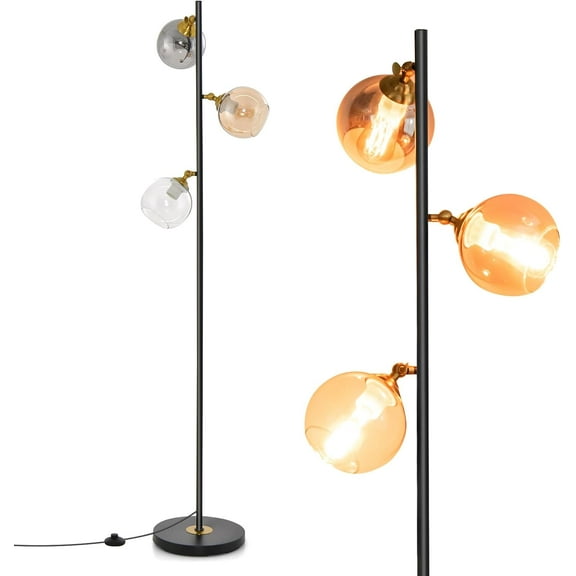 Mid Century Floor Lamp, Modern Freestanding Lamp with 3 Glass Globe Lampshades, Weighted Base, Convenient Foot Switch, Standing Tree Lamp for Bedroom Living Room, E26 Bulb Base (Art Deco)