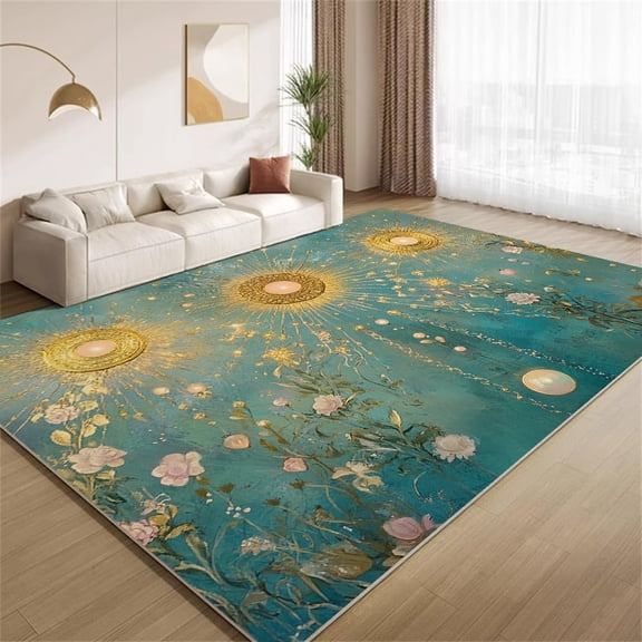 Mid Century Floral Area Rugs, Green Plant Sun Carpet, Washable Non Slip Low Pile Soft Rug for Bedroom Living Room Decor Mat 2ftx3ft