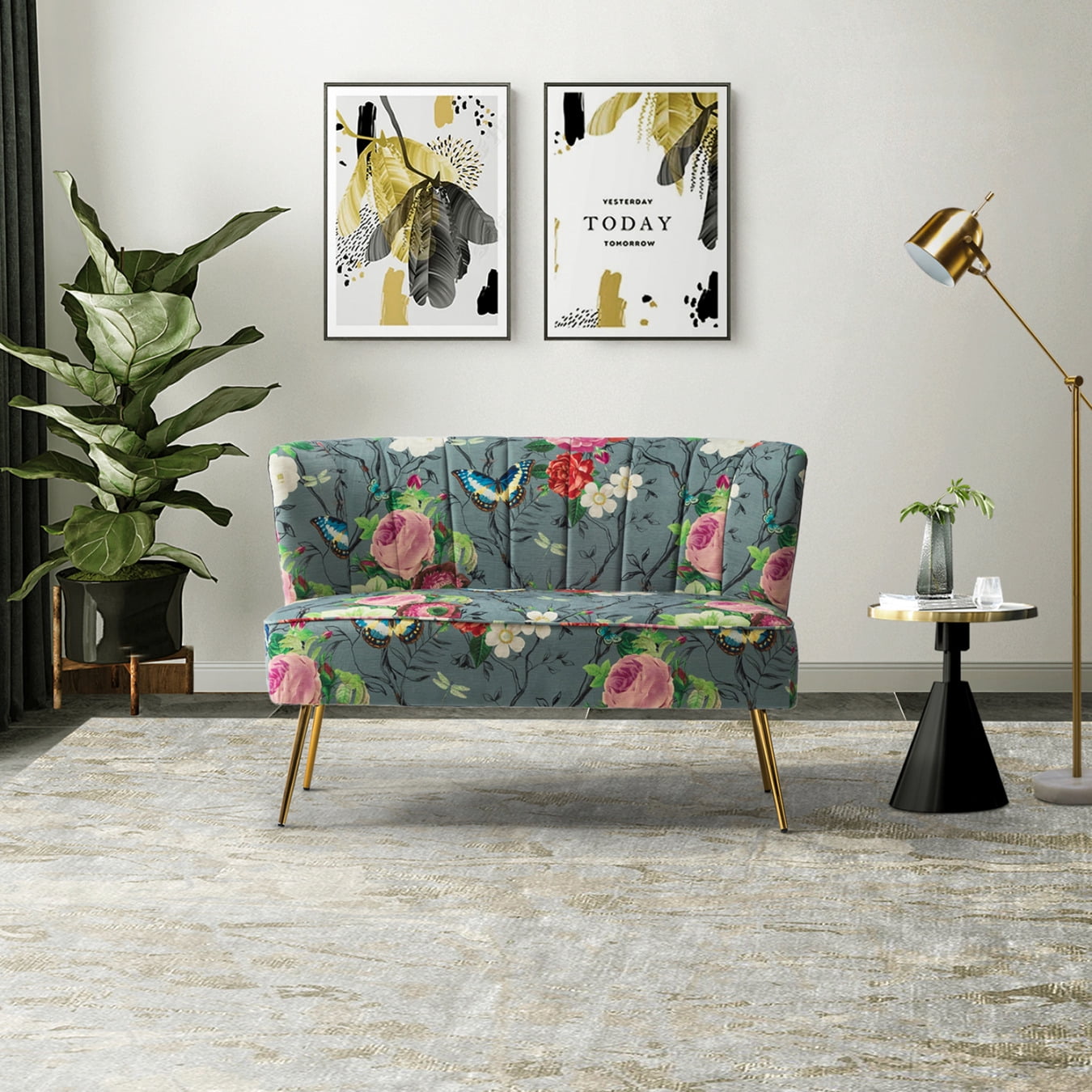 Pattern Sofa Mid-Century Floral Pattern Double Recliner Sofa with Metal Legs ...
