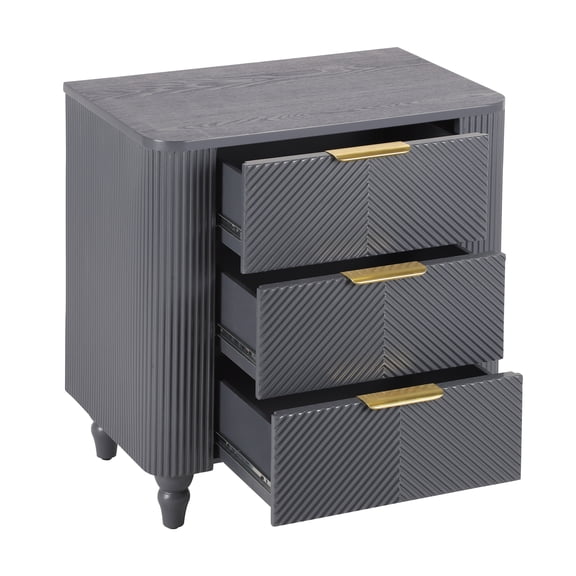 Mid-Century Fluted Nightstand, 3 Drawers, Gold Handles