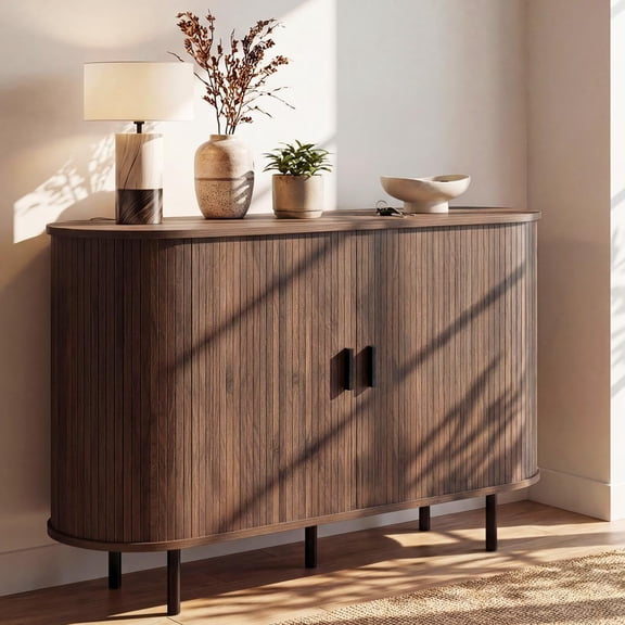 Mid-Century Fluted Sideboard with Tambour Doors, Walnut Finish, Metal