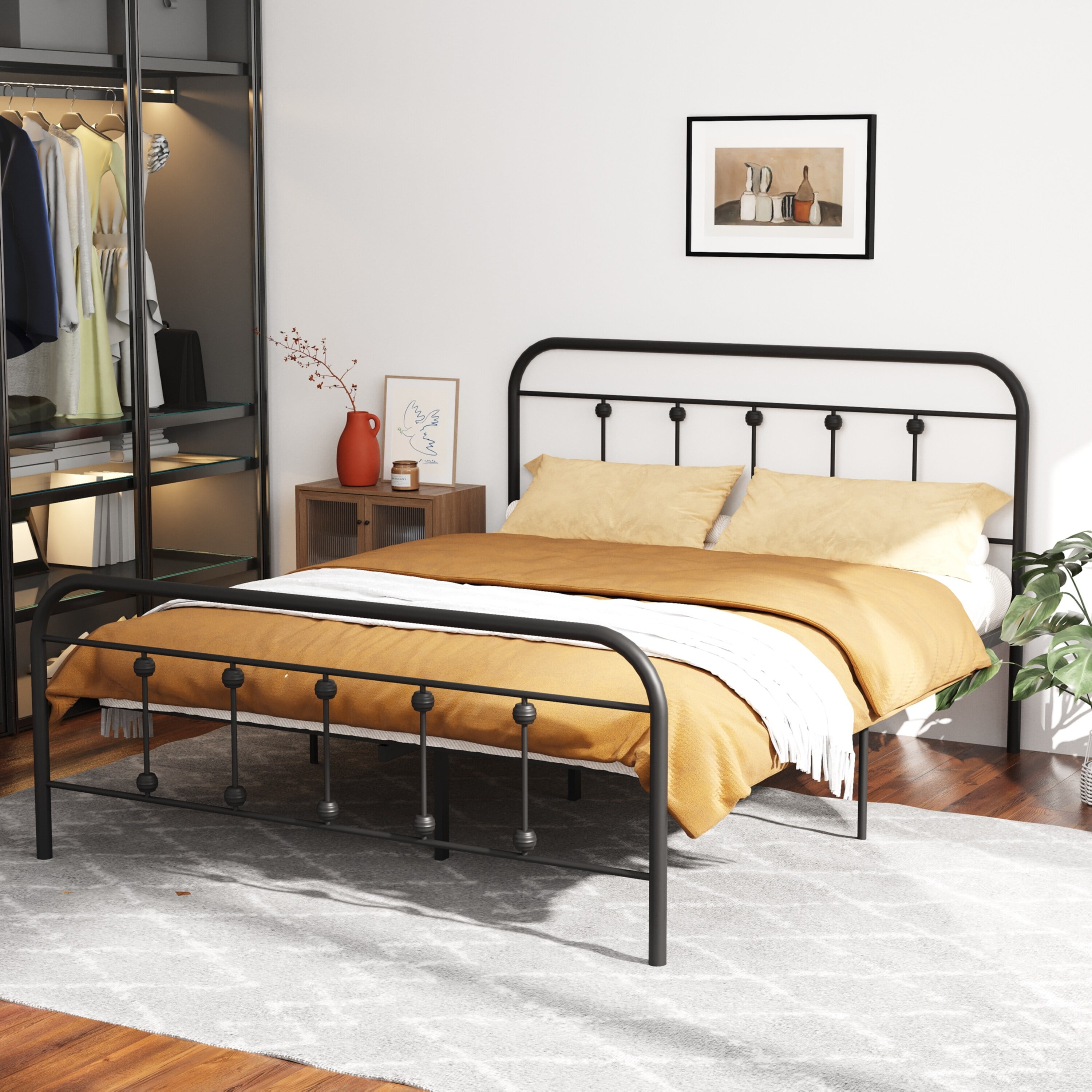 Mid Century Full Queen Platform Metal Iron Bed Frame Platform Bed Black Glam Traditional