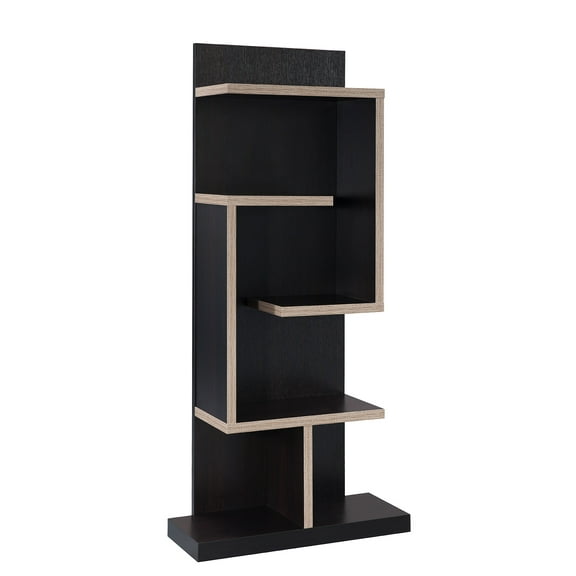 Mid Century Geometric 5- Shelf Asymmetrical Bookcase Shelf Dark Taupe And Black