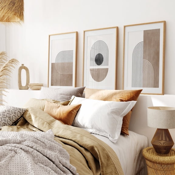 Mid Century Geometric Abstract Earth Tones Modern Art Print Neutral Beige Brown Geometric Arches Triptych Mid Century Gallery, Stretched Canvas