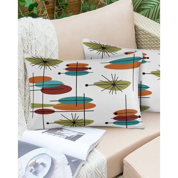 Mid Century Geometric Abstract Ellipse Outdoor Pillow Covers Set of 2,Decorative Waterproof Throw Pillow Case,Modern Orange Maroon Teal Cotton Linen Soft Cozy Cushion Pillowcases