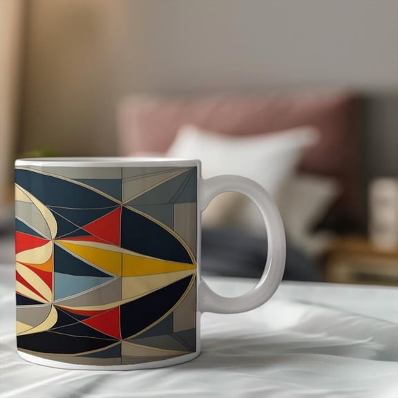 Mid-Century Geometric Abstract Mug Layered Triangle Art Tea Cup Modern Color Block Unique Artistic Gift HimHer.
