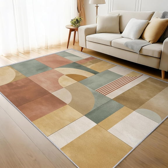 Mid Century Geometric Area Rug, Abstract Boho Pattern Carpet, Washable Non Slip Low Pile Soft Thin, Living Room Bedroom Home Decor Mat 2x3ft