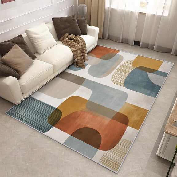 Mid Century Geometric Area Rug, Abstract Boho Pattern Indoor Carpet, Washable Non Slip Low Pile Soft Thin Rug for Living Room Bedroom Home Decor Mat 2x3ft