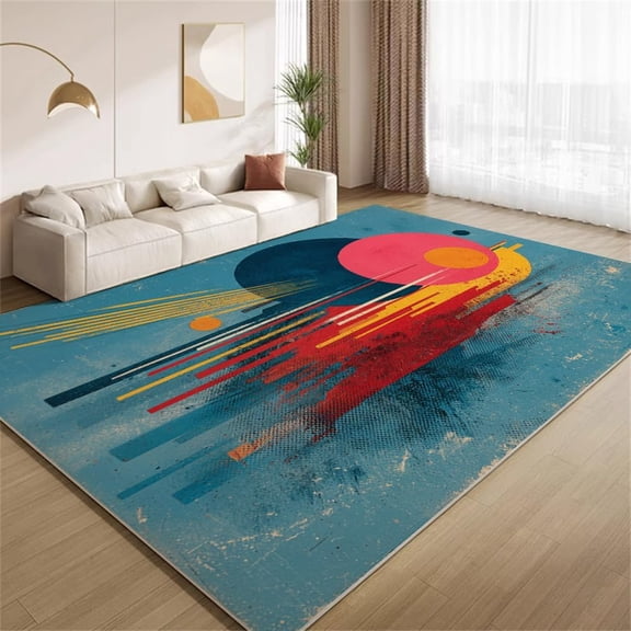 Mid Century Geometric Area Rugs, Retro Sun Teal Geometric Carpet, Washable Non Slip Low Pile Soft Rug for Living Room Bedroom Office Decor Mat 2ftx3ft