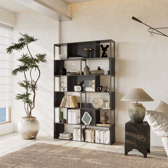 Mid Century Geometric Bookshelf, Anti-Tipping Tall Shelf Unit Working as Practical Room Divider for Indoor Home Decor