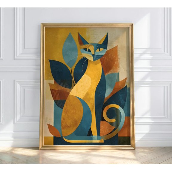 Mid Century Geometric Cat Wall Art Decor Unframed Paper Print