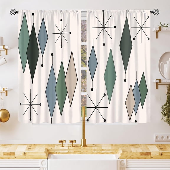 Mid Century Geometric Curtains, Modern Abstract Pattern Window Treatments for Bedroom Living Room,1950s 1960s Vintage Gray Green Drapes 2 Panel Sets 42x54 Inch