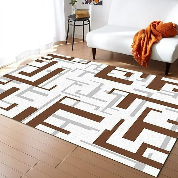 Mid Century Geometric Pattern Area Rug, Abstract Art Brown Gray White Decorative Rug, Easy Clean Carpet With Anti-Slip Backing For Bedroom Living Room Dining Room Office 3 x 5ft