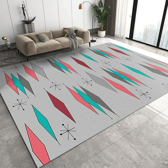 Mid Century Geometric Rhombus Pattern Area Rug, Retro Gray Irregular Art Rugs Floor Carpet, Indoor Non-Slip Rug For Room Sofa Living Room Mat Bedroom Home Decor Floor Mats 5x8ft