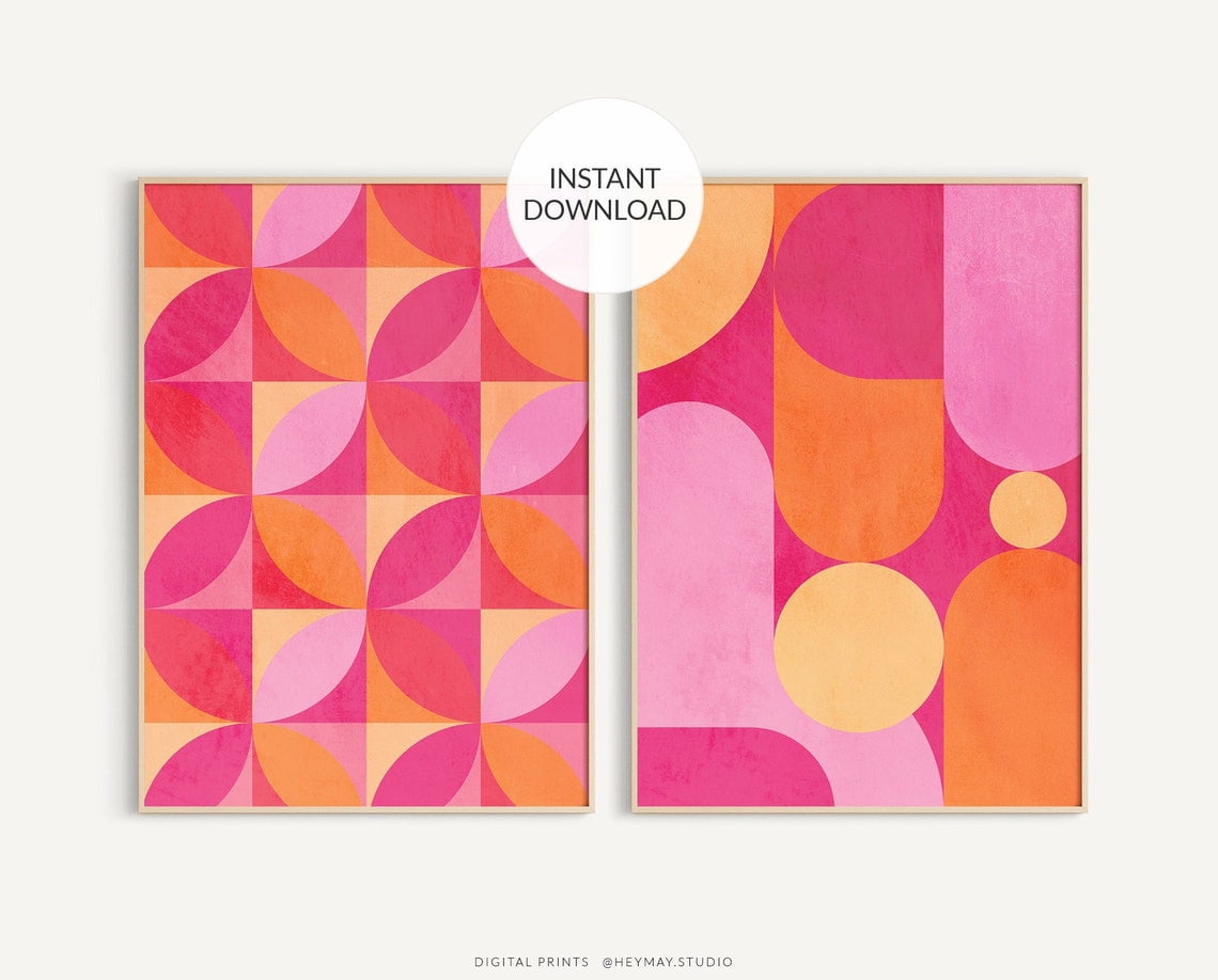 Mid Century Geometric Wall Art Prints Set, Orange Modern Decor ...