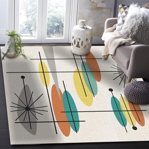 Mid Century Geometry Abstract Lotus Area Rug Modern Art Atomic Explosion Washable Carpets Boys Girls Bed Living Room Decor Rugs 4x5 Non-slip Soft Bedroom Home Decor Durable Indoor