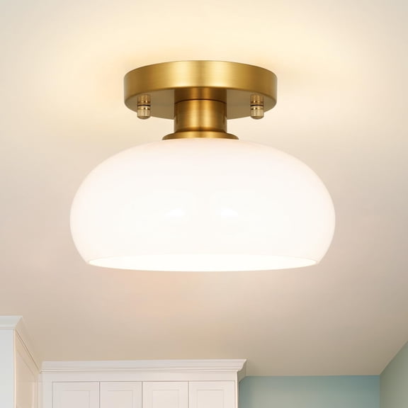 Mid-Century Gold Ceiling Light Fixture - 8 Inch Small Semi Flush Mount Hallway Light with Mini Hand-Blown Milk White Glass Shade,Easy Install Close to Ceiling Lighting for Small Entryway & Kitchen